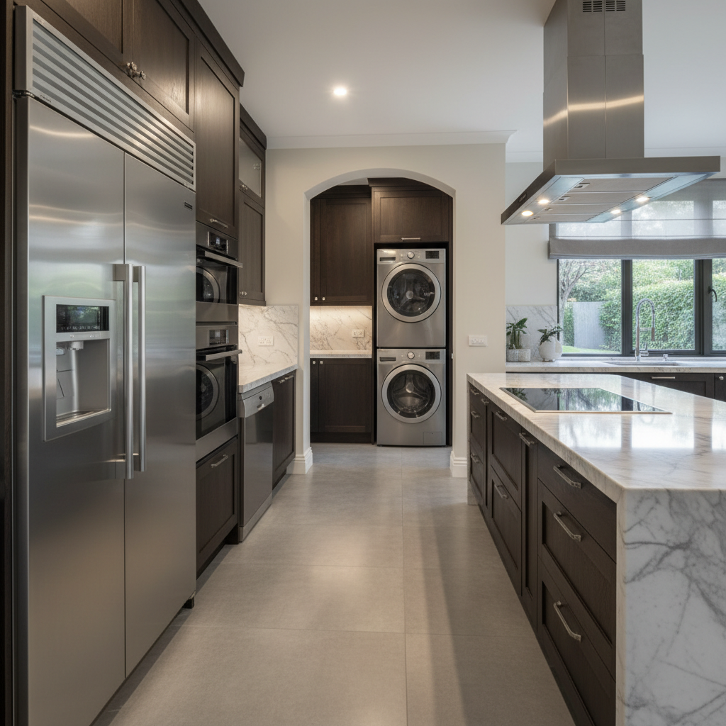 Premium household appliance suite with kitchen and laundry appliances