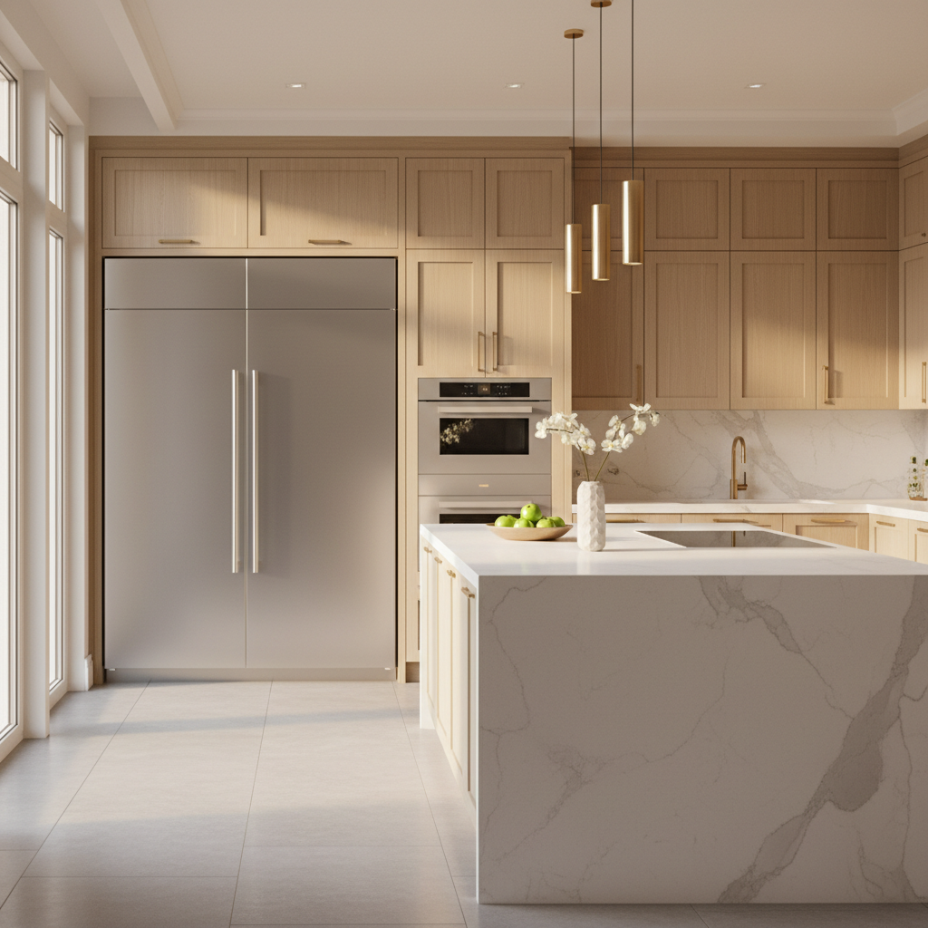 Premium kitchen with integrated refrigerator and wall oven