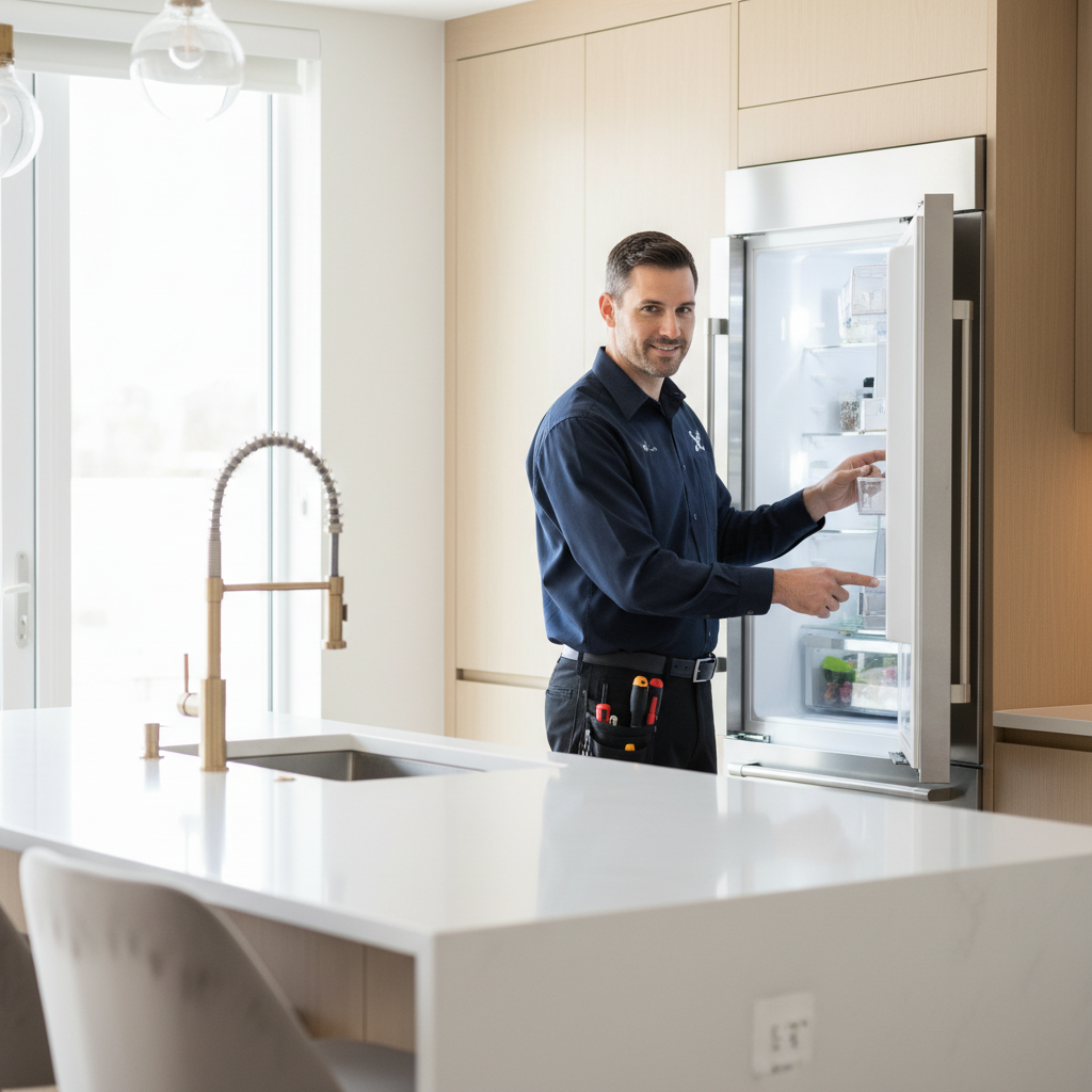 Professional appliance repair technician inspecting a built-in refrigerator